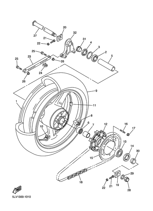 Yamaha 5LV-25338-00-33 Cast Wheel, Rear — shown on the Rear Wheel parts diagram