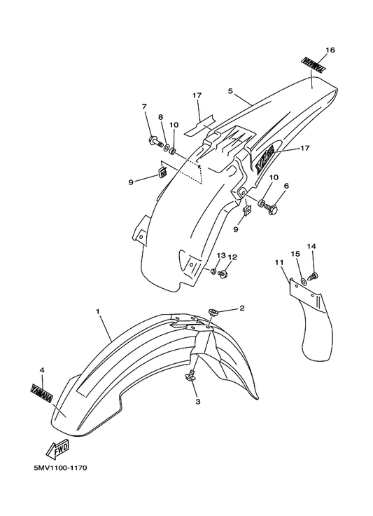 Yamaha 5BE-21611-10 Fender, Rear — shown on the Fender parts diagram