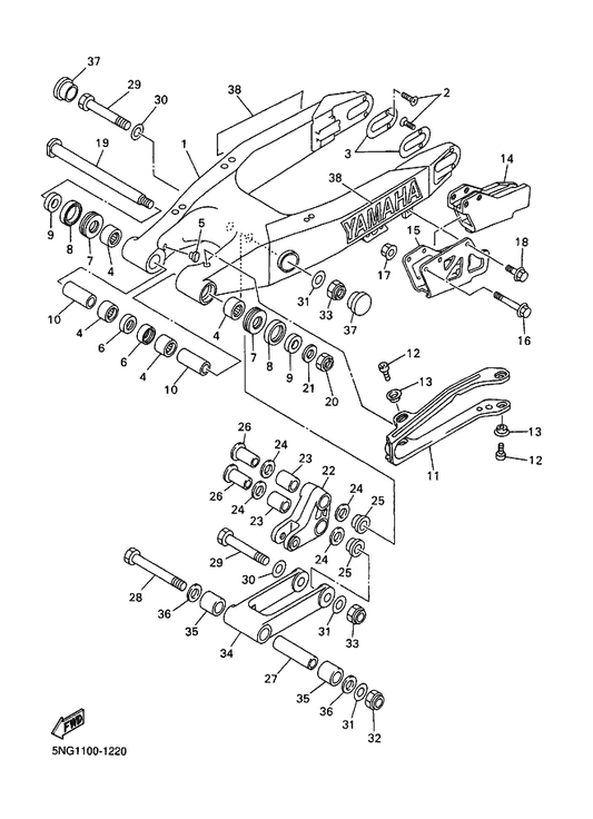 Yamaha 5DH-22141-00 Shaft, Pivot — shown on the Rear Arm parts diagram