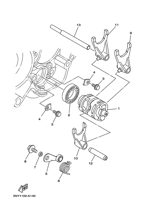 Yamaha 5NY-18511-00 Fork, Shift 1 — shown on the Shift Cam & Fork parts diagram