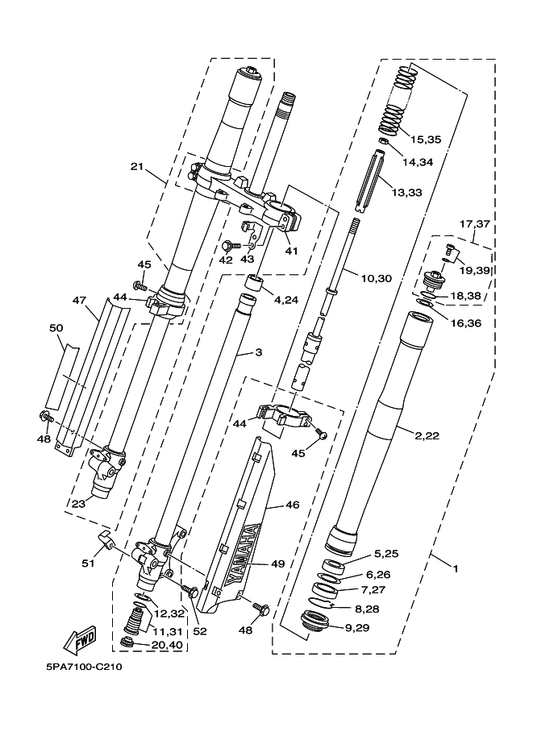Yamaha 95024-06010 . Bolt, Flg.(Small Head) — shown on the Front Fork parts diagram