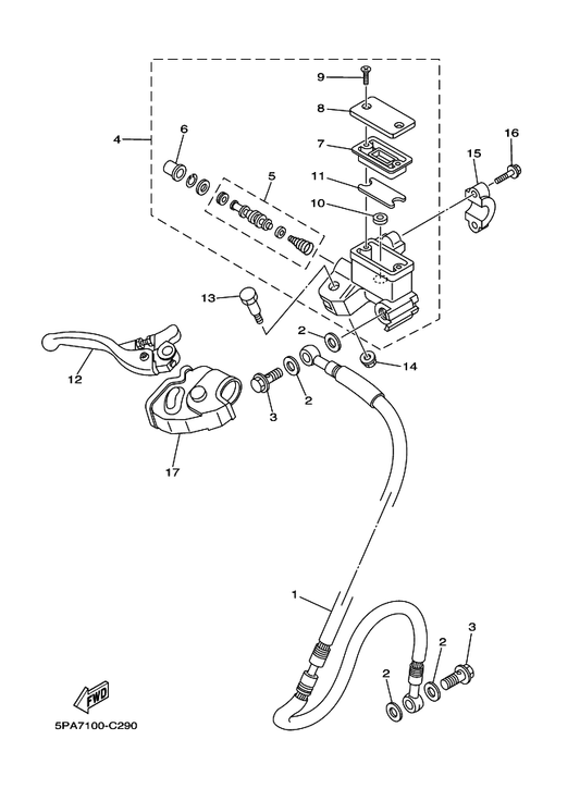 Yamaha 4ES-25872-11 Hose, Brake 1 — shown on the Front Master Cylinder parts diagram