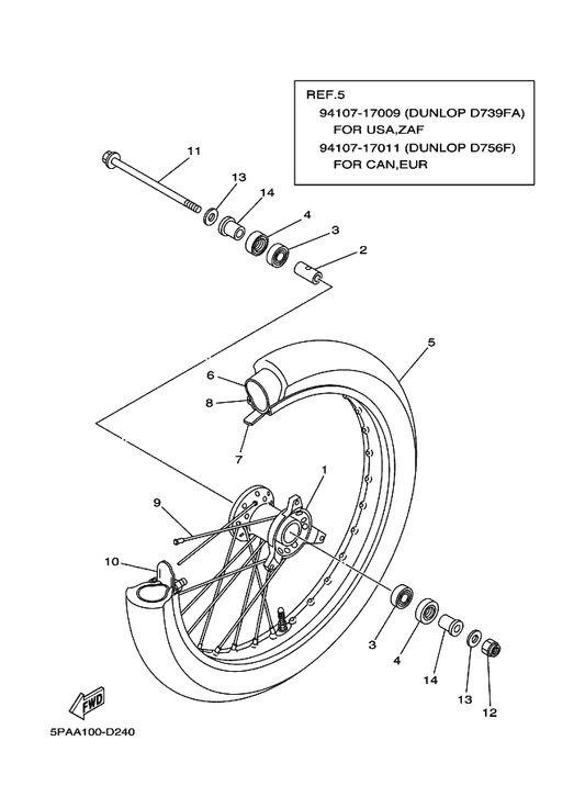 Yamaha 94107-17009 Tire (70/100-17 40M D739Fa) — shown on the Front Wheel parts diagram