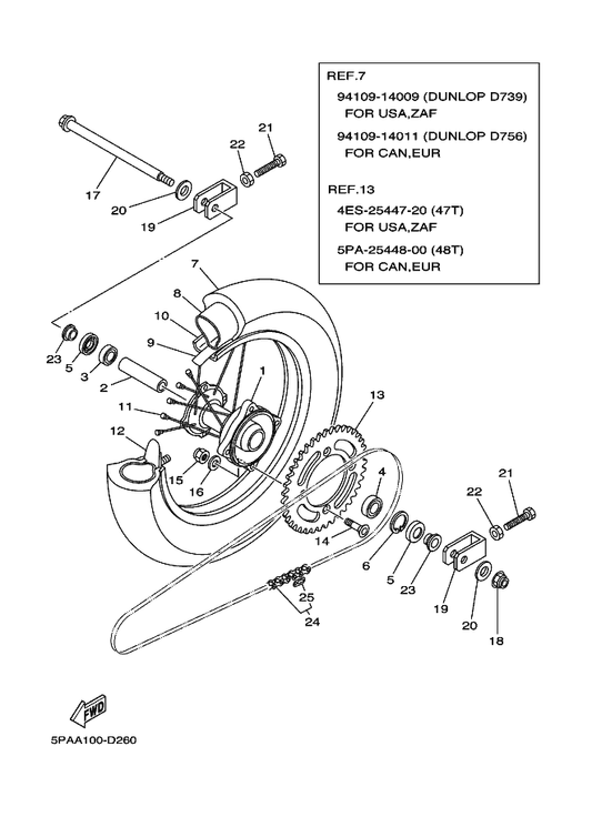 Yamaha 5PA-25388-00 Puller, Chain 1 — shown on the Rear Wheel parts diagram