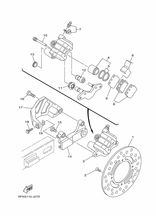 Yamaha 5PA-2580W-00 Caliper Assy, Rear 2 — shown on the Rear Brake Caliper parts diagram