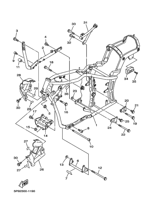 Yamaha 5EL-21460-00 Stay, Muffler — shown on the Frame parts diagram