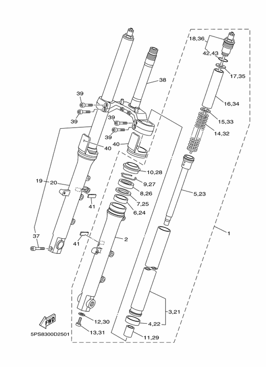 Yamaha 3FV-23149-00 . Washer, Spring Upper — shown on the Front Fork parts diagram