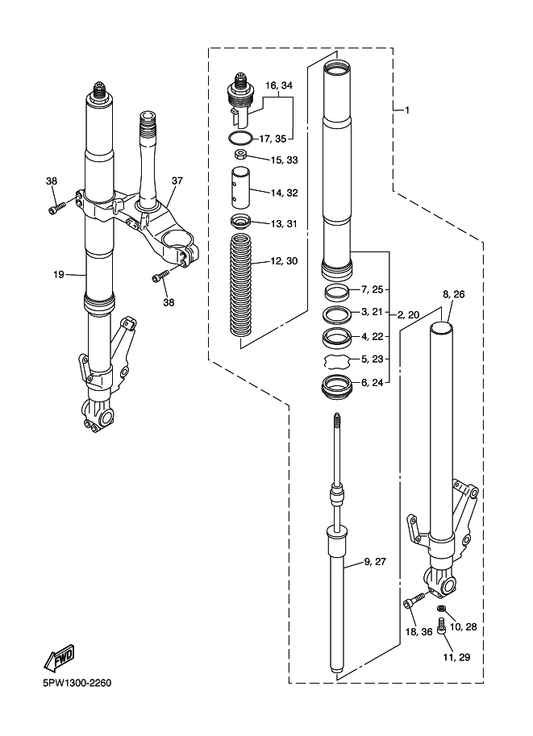 Yamaha 5PW-23125-00 . . Metal, Slide 1 — shown on the Front Fork parts diagram