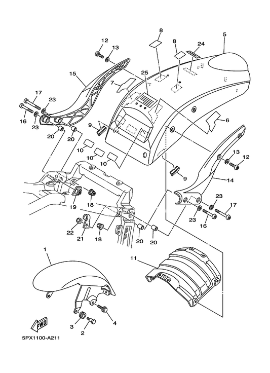 Yamaha 5PX-21613-00-P0 Stay, Fender 1 — shown on the Fender parts diagram