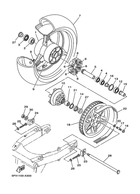 Yamaha 5PX-25381-00 Axle, Wheel — shown on the Rear Wheel parts diagram
