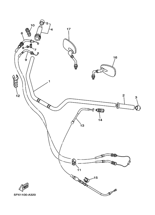 Yamaha 5PX-26312-00 Cable, Throttle 2 — shown on the Steering Handle & Cable parts diagram