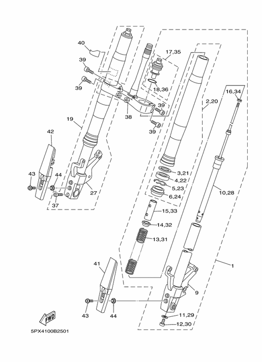 Yamaha 5PX-23110-00 . Inner Tube Comp.1 — shown on the Front Fork parts diagram