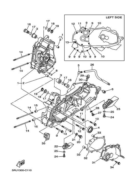 Yamaha 95027-08080 Bolt, Flange — shown on the Crankcase parts diagram
