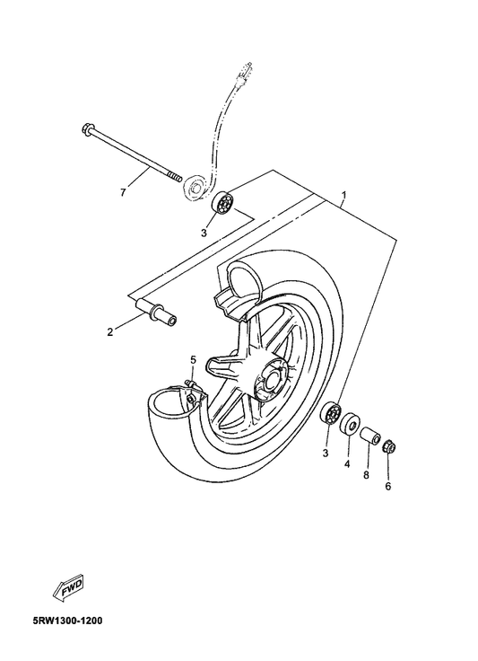 Yamaha 5RW-F5181-00 Axle, Wheel — shown on the Front Wheel parts diagram