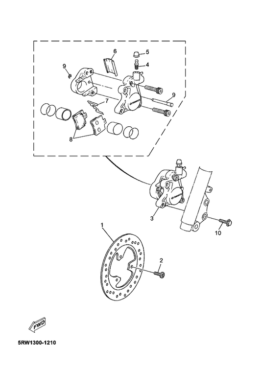 Yamaha 9582L-08030 Bolt, Flange — shown on the Front Brake Caliper parts diagram