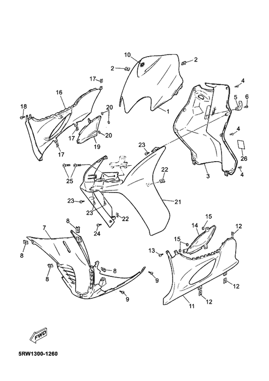 Yamaha 5RW-F8311-00-4B Leg Shield 1 — shown on the Leg Shield parts diagram