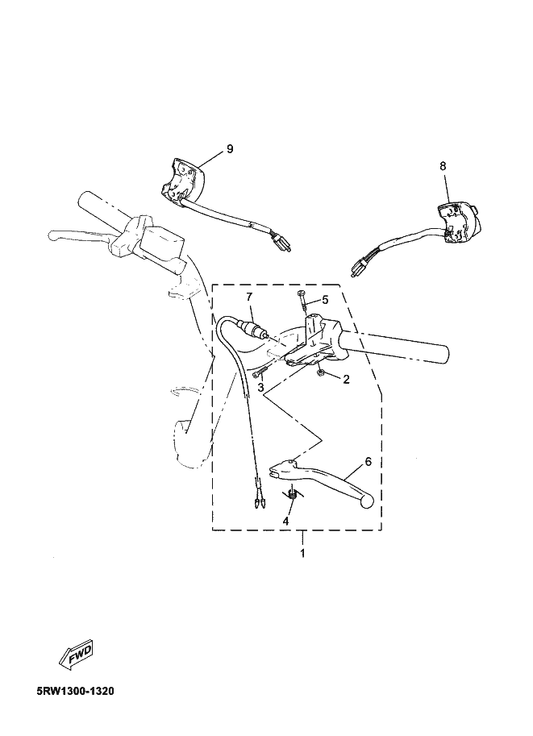 Yamaha 5RW-H3975-00 Switch, Handle 2 — shown on the Handle Switch & Lever parts diagram