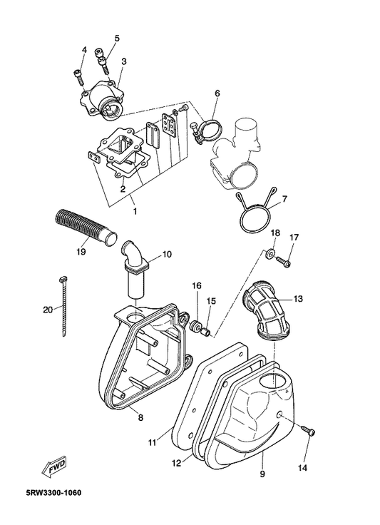 Yamaha 5RW-E3545-00 Hose 1 — shown on the Intake parts diagram