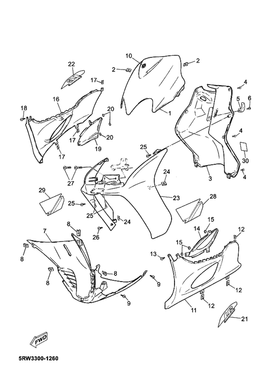 Yamaha 5RW-F171L-00-P2 Mole, Side Cover 1 — shown on the Leg Shield parts diagram