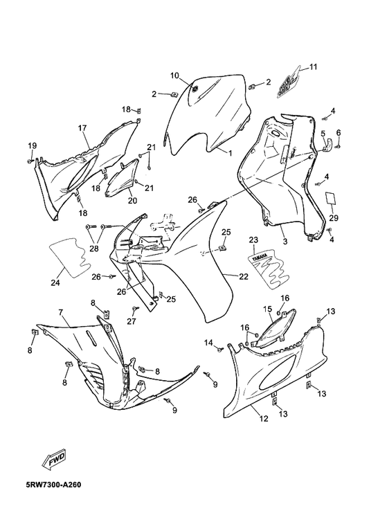 Yamaha 5RW-F172F-00 Panel 2 — shown on the Leg Shield parts diagram
