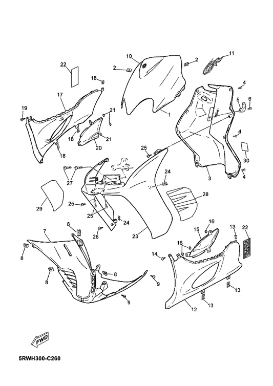 Yamaha 5RW-F8311-00-P9 Leg Shield 1 — shown on the Leg Shield parts diagram