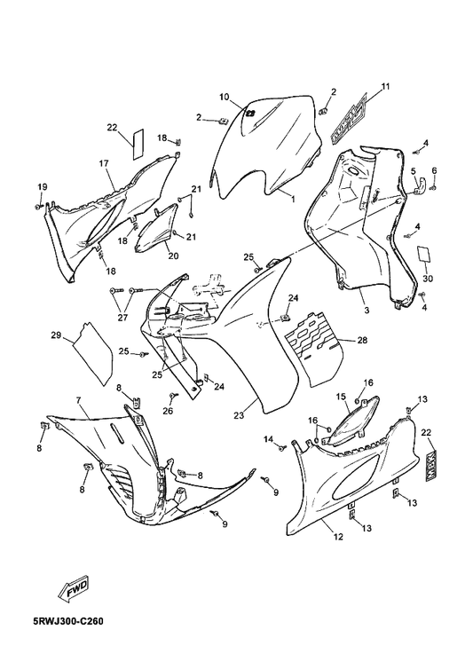 Yamaha 5RW-F1519-00-P6 Mole, Fender — shown on the Leg Shield parts diagram