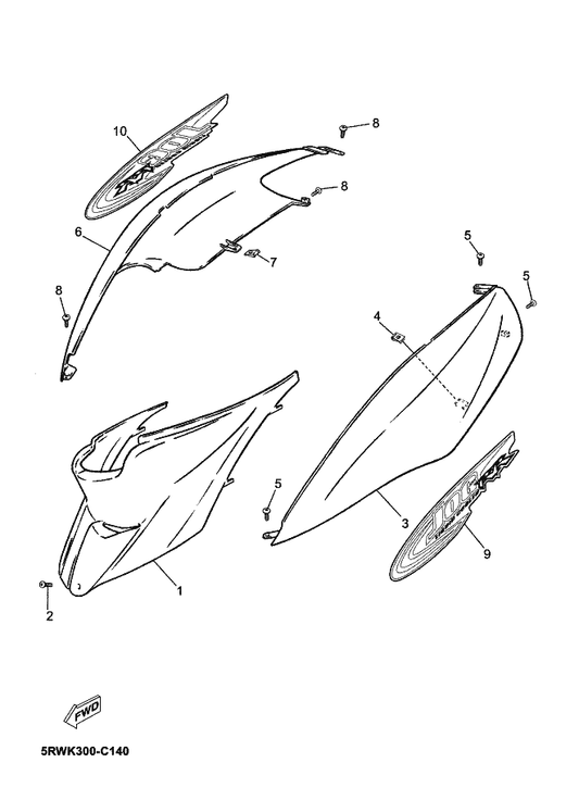Yamaha 5RW-F1786-50 Emblem 6 — shown on the Side Cover parts diagram