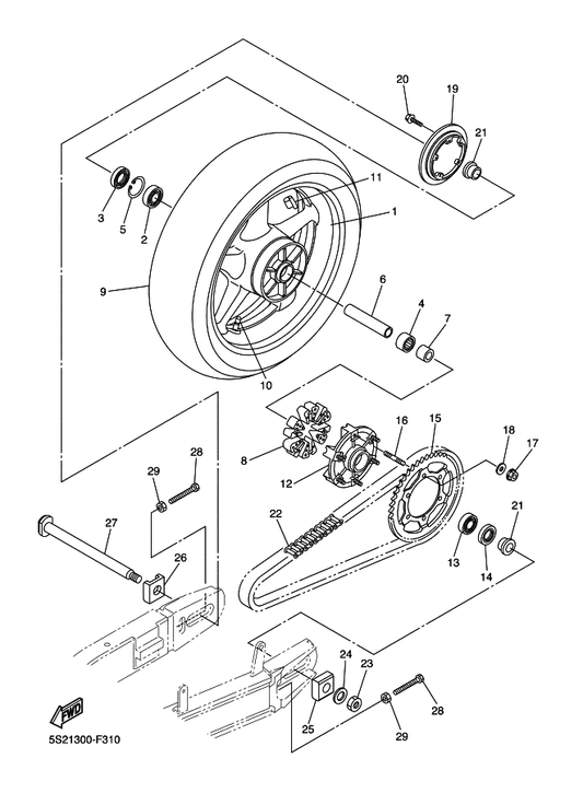 Yamaha 5SL-25381-10 Axle, Wheel — shown on the Rear Wheel parts diagram