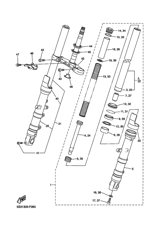 Yamaha 1B3-23327-10 Stay, Flasher 1 — shown on the Front Fork parts diagram