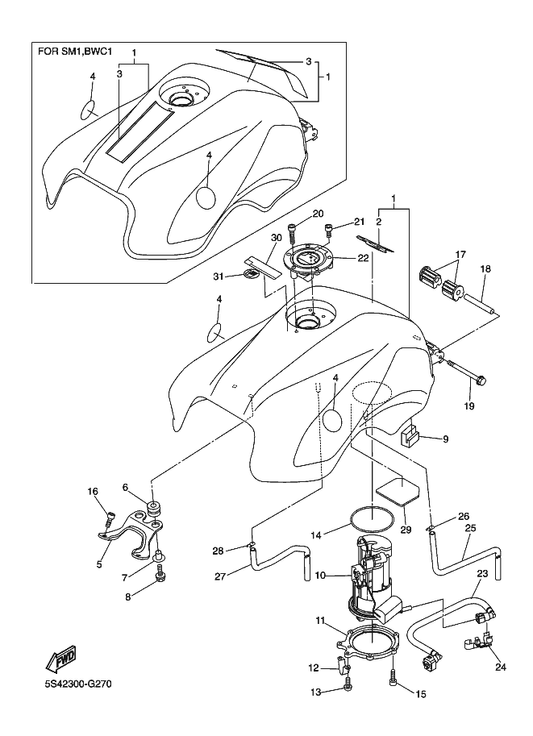 Yamaha 4S8-24161-00 . Emblem 1 — shown on the Fuel Tank parts diagram