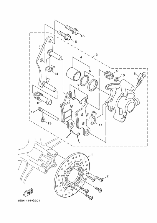 Yamaha 5S9-F5919-00 . Support, Pad — shown on the Front Brake Caliper parts diagram