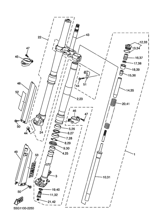 Yamaha 5MV-23195-L0 . Rubber — shown on the Front Fork parts diagram