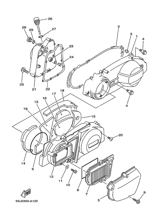 Yamaha 5GM-15338-00 Damper, Engine Mount 5 — shown on the Crankcase Cover 1 parts diagram