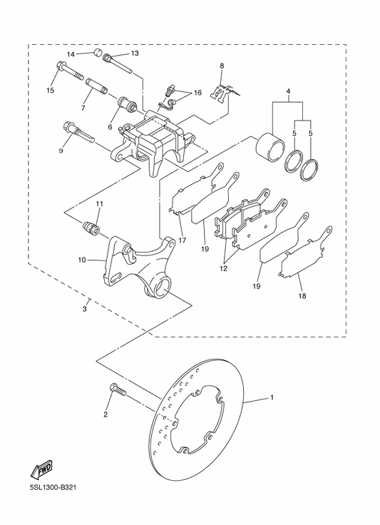 Yamaha 5SL-W0046-00 . Brake Pad Kit 2 — shown on the Rear Brake Caliper parts diagram