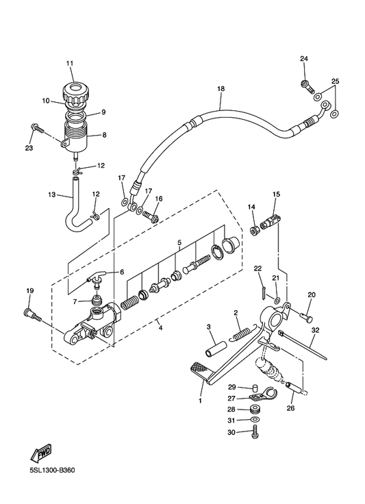 Yamaha 5SL-25895-00 Hose, Reservoir — shown on the Rear Master Cylinder parts diagram