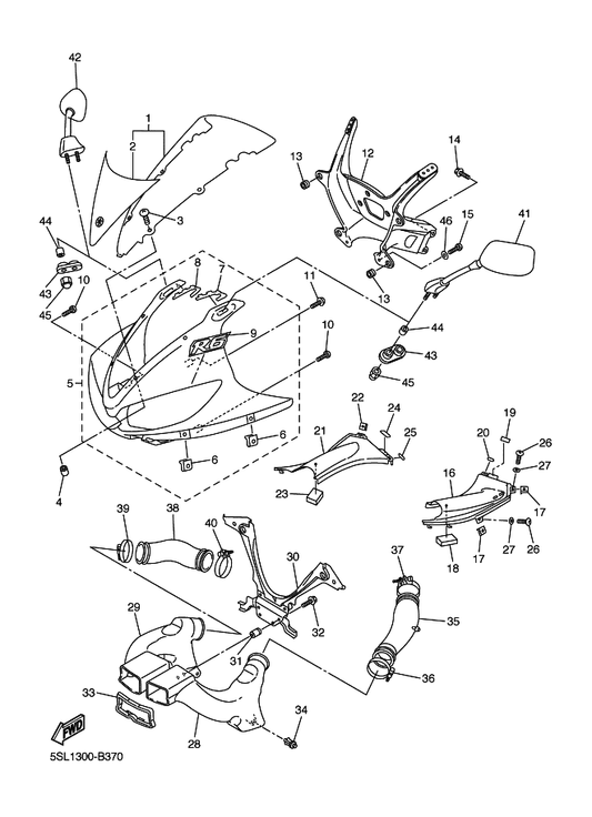 Yamaha 5SL-Y2881-00 Windshield — shown on the Cowling 1 parts diagram