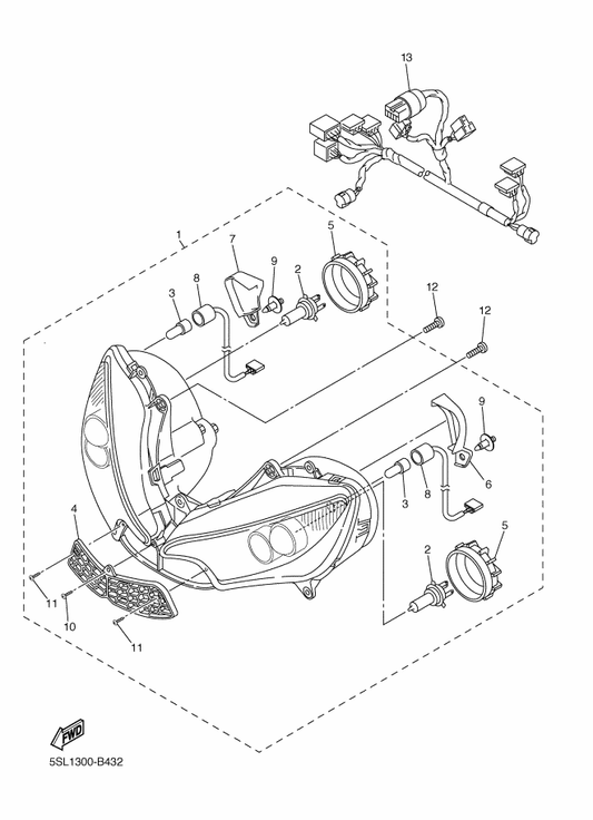 Yamaha 5SL-84312-00 . Cord Assy — shown on the Headlight parts diagram