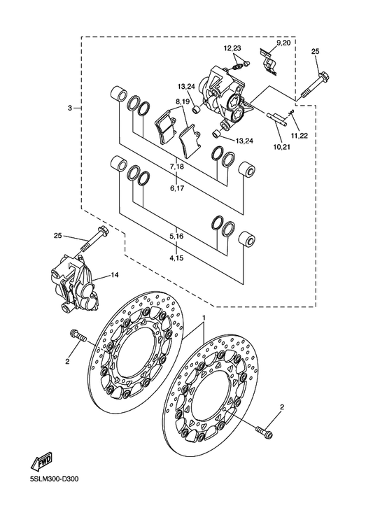 Yamaha 5SL-W0045-10 . Brake Pad Kit — shown on the Front Brake Caliper parts diagram