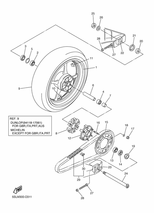Yamaha 5SL-25338-00-98 Cast Wheel, Rear — shown on the Rear Wheel parts diagram