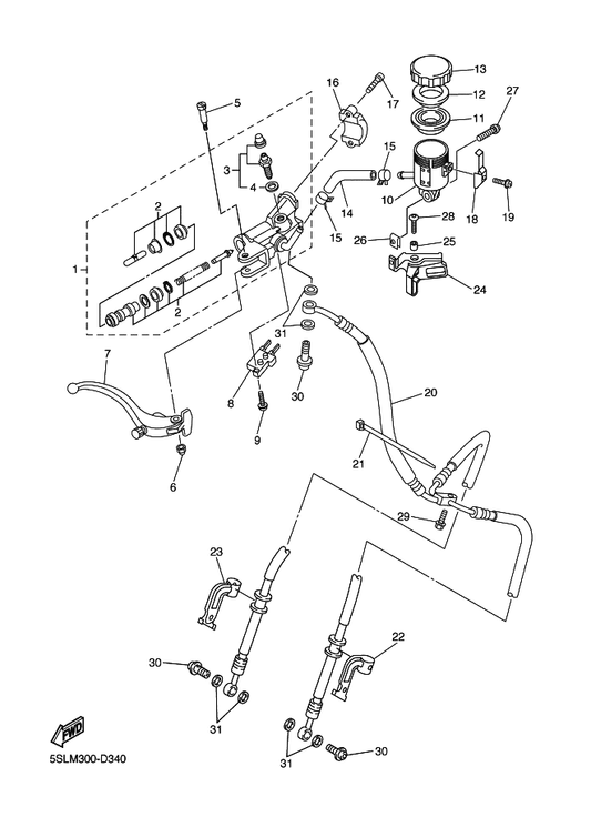 Yamaha 5SL-25886-10 Holder, Brake Hose — shown on the Front Master Cylinder parts diagram