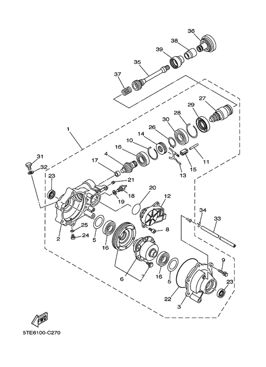 Yamaha 5TE-G6173-10 Shaft, Drive 2 — shown on the Front Differential parts diagram