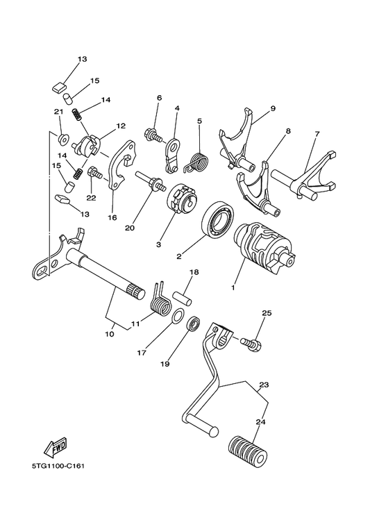 Yamaha 5TG-18110-00 Shift Pedal Assy — shown on the Shift Cam & Fork parts diagram