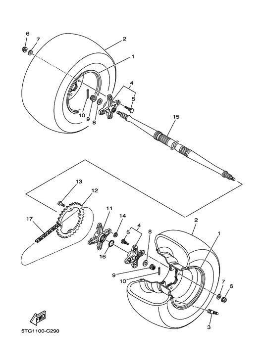 Yamaha 5D3-25381-00 Axle, Wheel — shown on the Rear Wheel parts diagram
