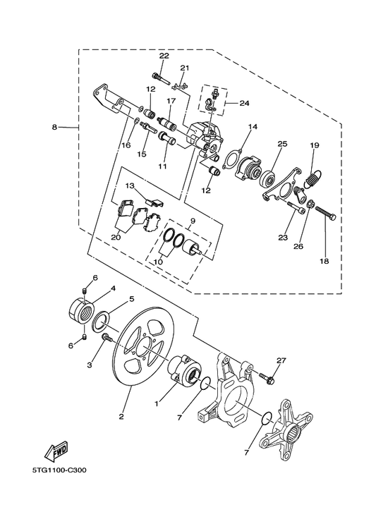 Yamaha 5KE-25821-00 . Bolt 1 — shown on the Rear Brake Caliper parts diagram
