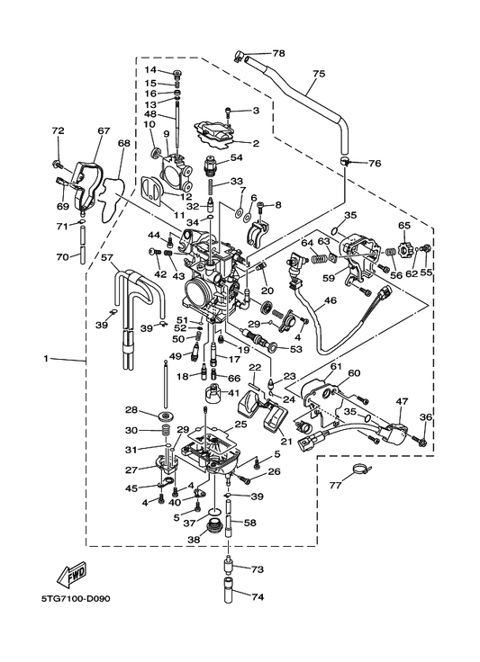 Yamaha 5TG-14916-V1 . Needle — shown on the Carburetor parts diagram