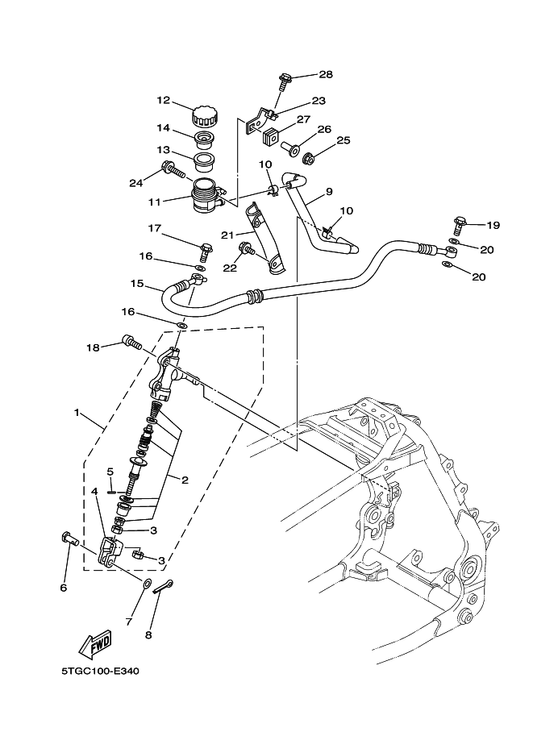 Yamaha 5TG-2587A-00 Holder, Brake Hose — shown on the Rear Master Cylinder parts diagram