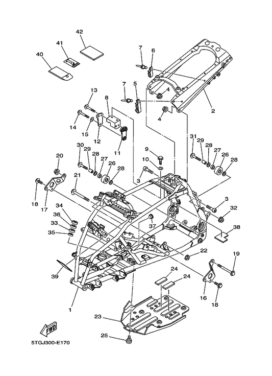 Yamaha 5TG-21318-10 Stay, Engine 5 — shown on the Frame parts diagram