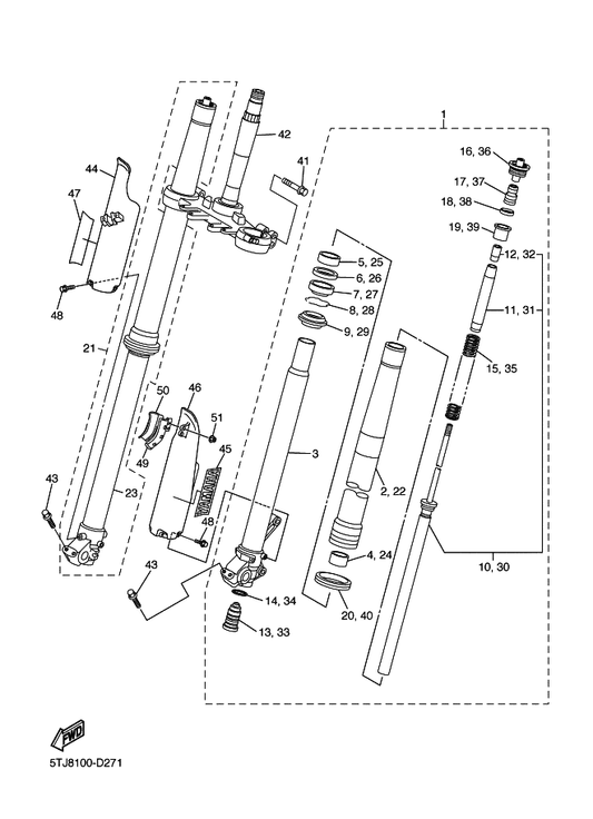 Yamaha 95027-08040 . Bolt, Flange — shown on the Front Fork parts diagram