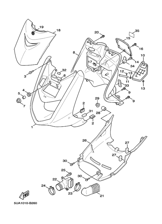 Yamaha 5ML-X2838-00 Cover,Under — shown on the Leg Shield parts diagram
