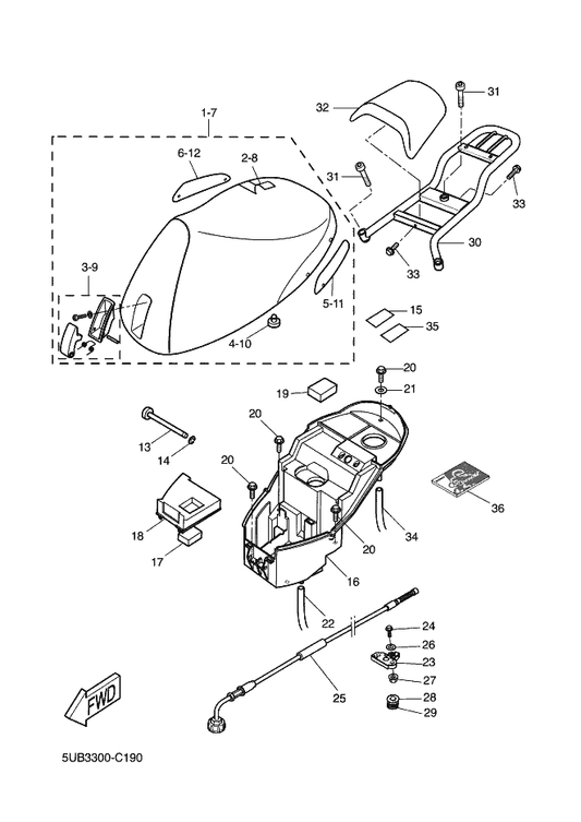 Yamaha 5FV-F4842-00 Carrier, Rear — shown on the Seat & Carrier parts diagram